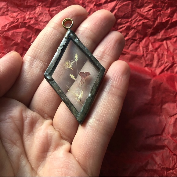 Raw Metal & Glass Casing Dried Flower Pendant - OOAK - Picture 3 of 6